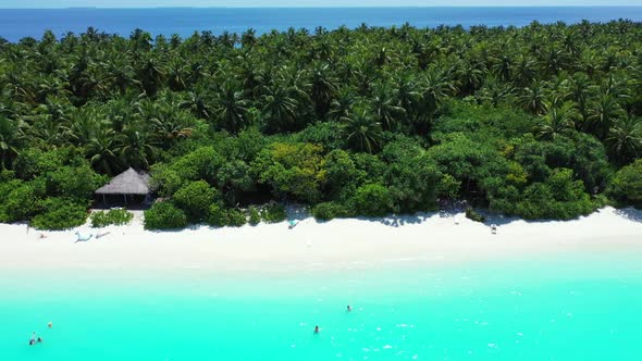 Aerial flying over landscape of luxury lagoon beach wildlife by shallow ocean with white sand backgr