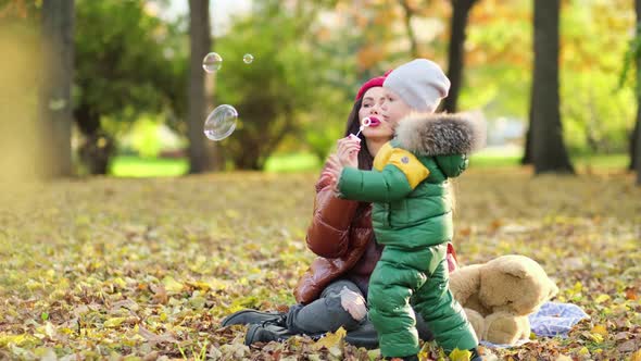 Young Mom or Nanny Are Playing in the Park