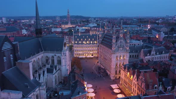 Aerial view of Leuven at night, Belgium.