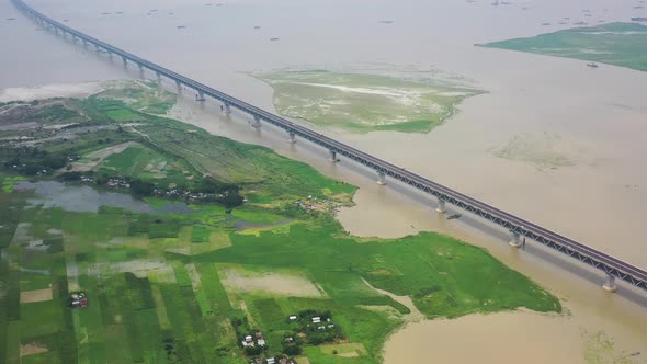 Aerial view of Padma bridge, over the Padma river by day, Dhaka, Bangladesh.