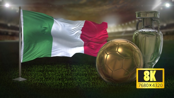 8K Italy Flag With Football and Cup Background Loop