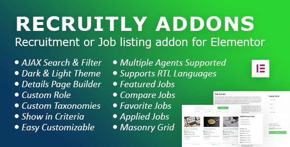 Recruitly Addons: Recruitment or Job listing plugin or addon for Elementor of WordPress.