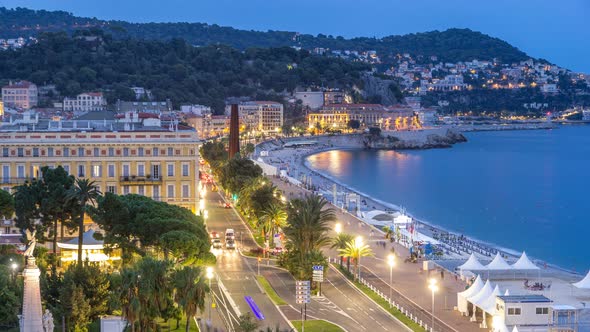 Evening Aerial Panorama of Nice Day To Night Timelapse, France. Lighted Old Town Little Streets and