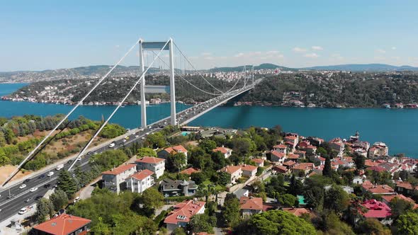 Aerial view of Fatih Sultan Mehmet Bridge and car traffic