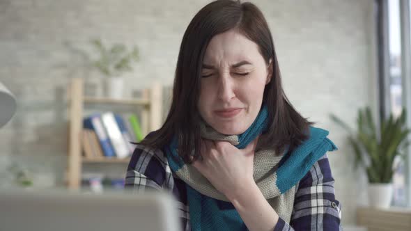 Portrait of a Sick Young Woman a Sharp Pain in the Throat