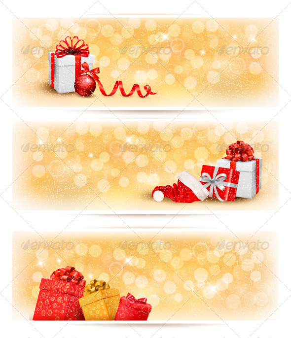Set of Holiday Christmas Banners with Gift Boxes