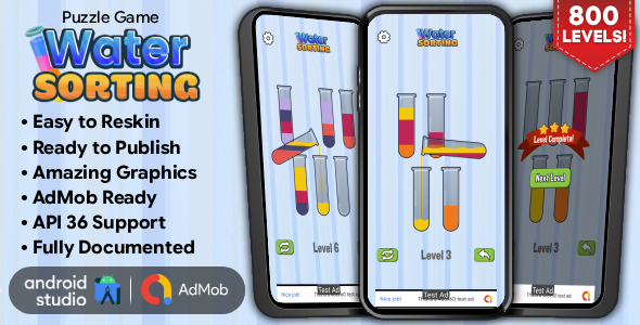 Water Sorting - Puzzle Game Android Studio Project with AdMob Ads + Ready to Publish