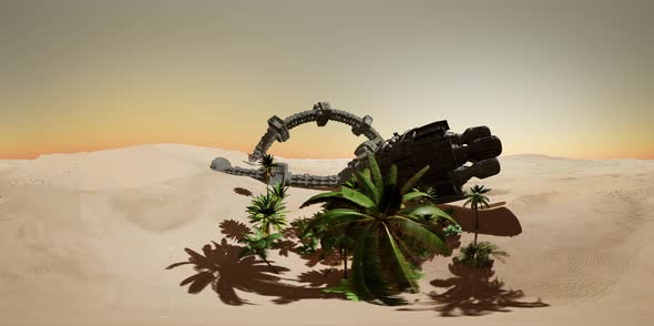 VR360 Old Rusted Alien Spaceship in Desert. Ufo