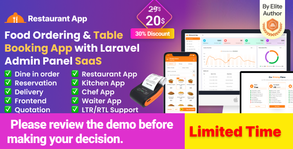 Restaurant App - online Food Ordering  Table Booking Restaurant App with Laravel Admin Panel SaaS