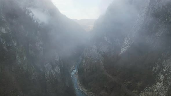 Abandoned Old Dangerous Road in a Narrow Gorge Along the Mzymta River