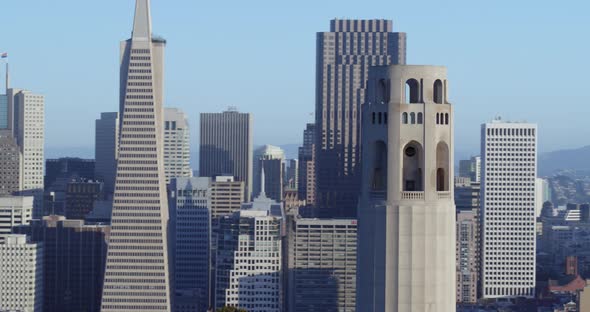 Aerial Pan Around the Coit Tower with a View of Downtown San Francisco