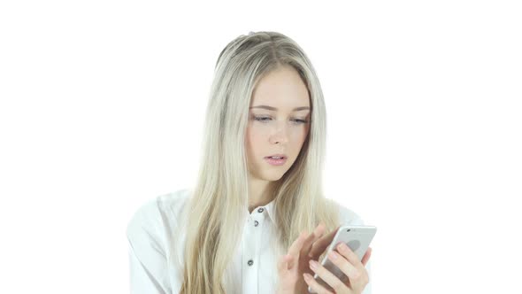 Woman Using Smartphone for Browsing, White Background