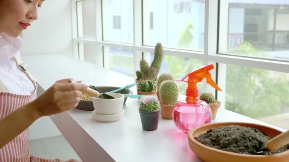 Asian woman enjoys planting trees while relaxing at home.