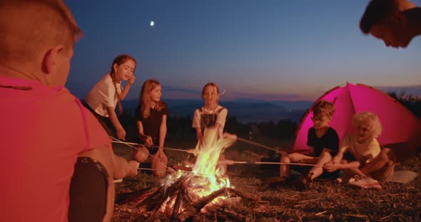 Cheerful Teenagers Sitting Around Fire Frying Sausages on Camping