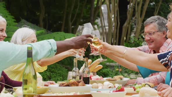 Animation of diverse happy senior female and male friends eating lunch in garden, drinking wine