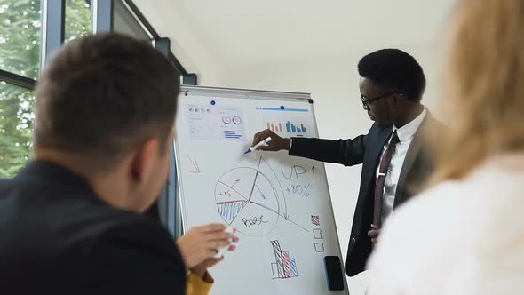 american-african businessman conducts presentation using whiteboard