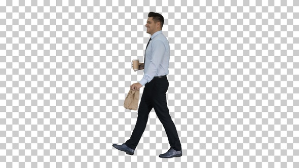 Businessman Walking with Take Away Coffee and Paper Bag With