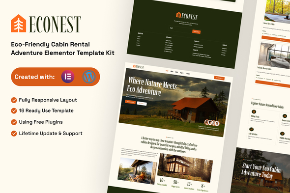 Econest - Eco-Friendly Cabin Rental Adventure Elementor Template Kit