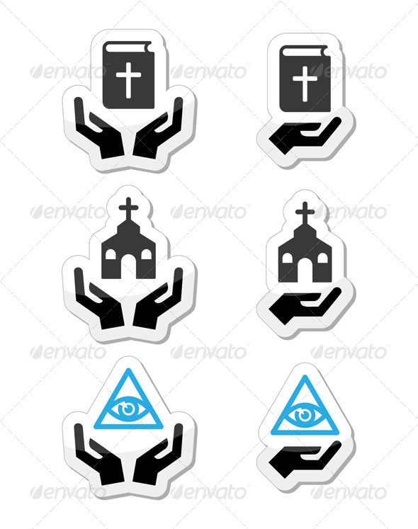 Religion Icons - Hands with Bible, Church, Eye