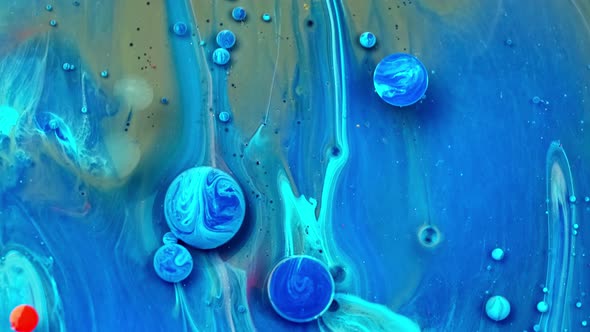 Beautiful Paint and Ink in Oil, Blue Colorful Bubbles. Abstract Colorful Paint.