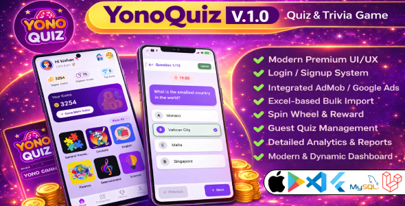 YonoQuiz – Fun Quiz & Trivia Game Full Application with Powerful Admin Panel