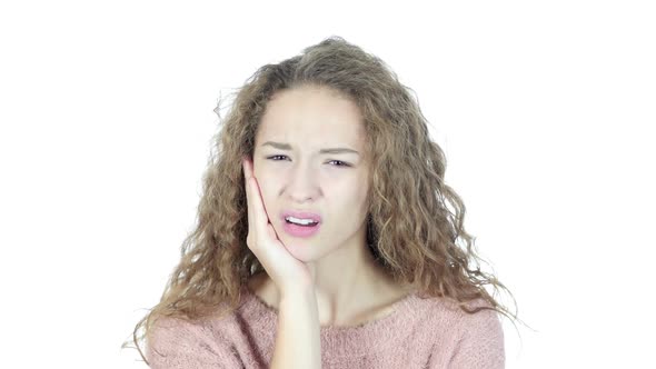 Toothache, Woman Suffering from Pain In Teeth, White Background