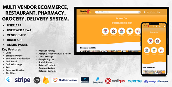 Olivette - Multi Vendor Restaurant, Ecommerce, Grocery, Pharmacy & Parcel Delivery & Landing Page