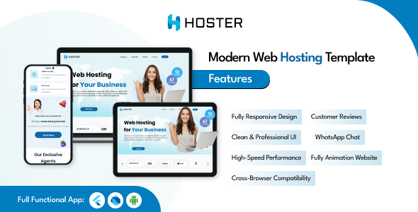 Hoster - Modern Web Hosting Flutter Web Landing Page with App (Android + IOS)