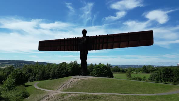 Angel of the North. Aerial shot pushes in showing the front of the Angel Of The North in the North o