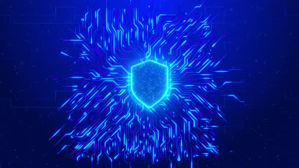  Digital circuit AI interface on Blue backdrop.