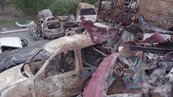 War in Ukraine a Dump of Burned Cars in Irpin Bucha District