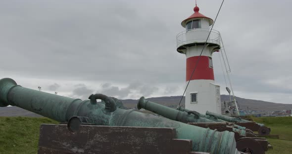 Wide Pan Left of the Skansin Lighthouse in Torshavn, Faroe Islands