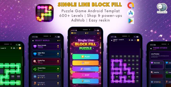 Single Line Block Fill — Puzzle Game Android Templat 600+ Levels | Shop & power-ups with AdMob
