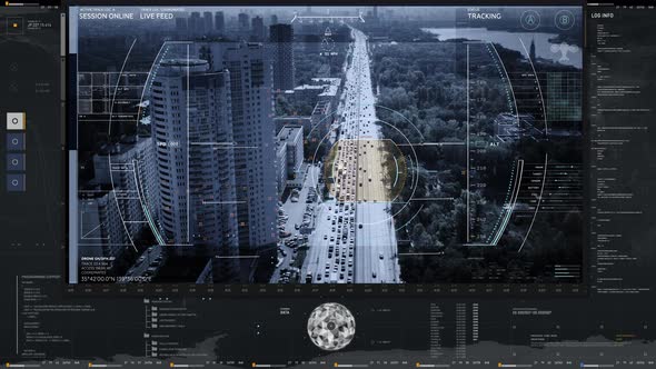 Spying software is using the drone camera to analyze the urban area of the city alt