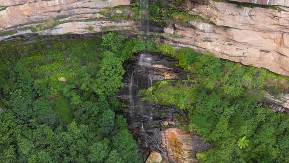 Blue Mountains National Park. Waterfall in the Middle of a Cliff, Around Green Trees