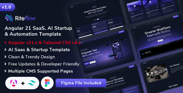 RiteFlow - Angular 21 AI Startup, SaaS & Automation Tech Business Template