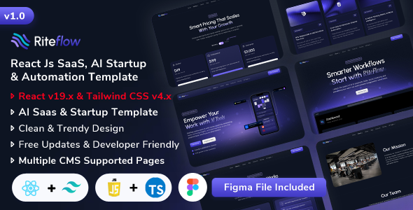 RiteFlow - React Js AI Startup, SaaS & Automation Tech Business Template