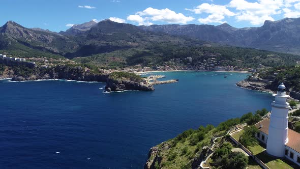 Aerial View of Cap Gros Lighthouse Located on a Cliff in the Vicinity of Port Soller, Mallorca