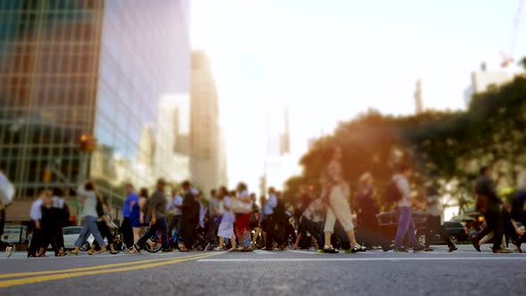 Crowd of People Walking on Busy City Street at Rush Hour Traffic