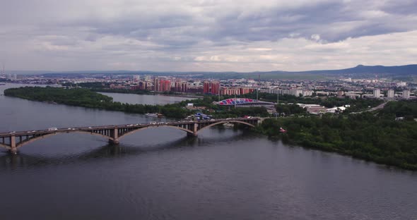 Top View of the City the Wide Yenisei River and the Stadium