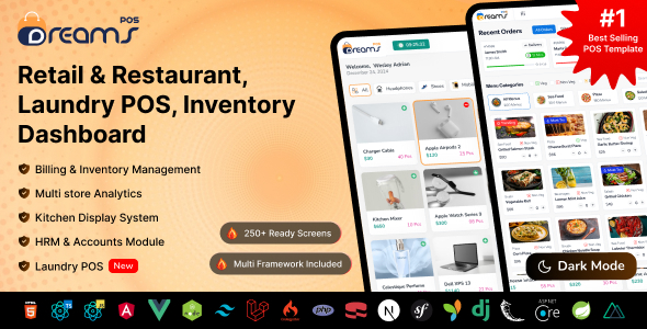 DreamsPOS - Retail & Restaurant POS Admin Dashboard with Inventory & Billing (React, Vue, Angular)