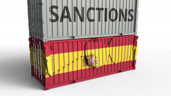 Container with SANCTIONS Text Breaks Container with Flag of Spain alt