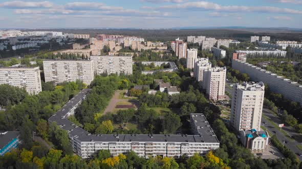 Aerial View. A Sleeping Area of an Industrial City in Russia. A Large Number of Similar Panel Houses