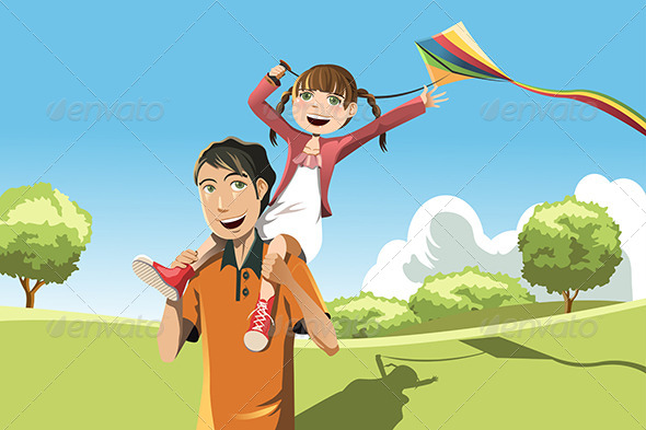 Father Daughter Playing Kite