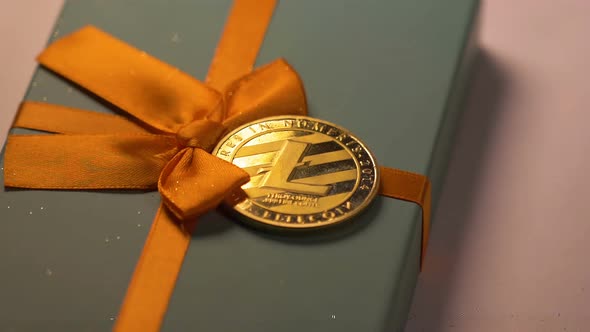 Model Made As Litecoin Payment Lies on Gift Box Macro