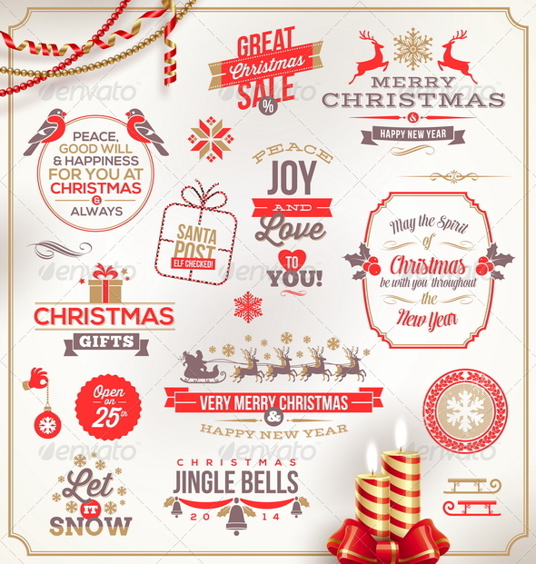 Set of Christmas Signs Emblems and Greetings