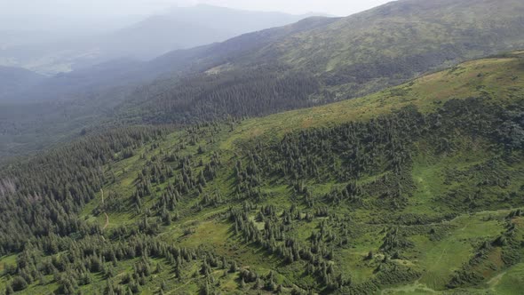 Aerial drone shot landscape in Carpathian mountains in summer. Ukraine, Europe