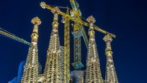 Sagrada Familia, a Large Church in Barcelona, Spain Night Timelapse.