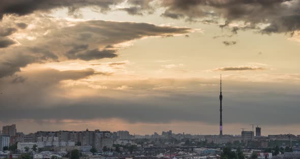 Sunset clouds around Ostankino TV tower in Moscow