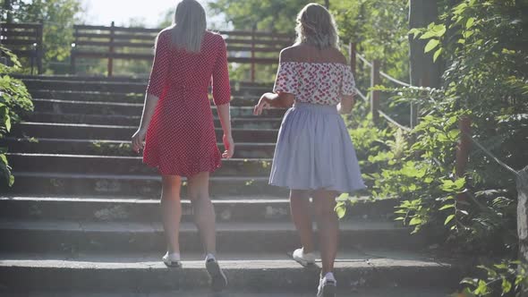 Two Attractive Beautiful Young Blond Women Walk on the Steps in the Park and are Happy on Sunset